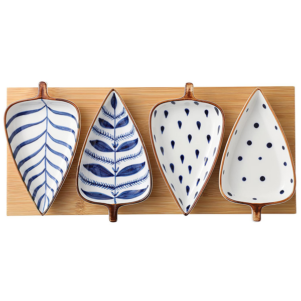 NYRWANA Contemporary Leaf-Shaped Ceramic Serving Platter with Wooden Tray | Blue & White Glossy Snack Plates for Sweets, Cookies, Dry Fruits, Dips & Appetizers | Serveware Gift Set (1 Tray + 4 Plates)