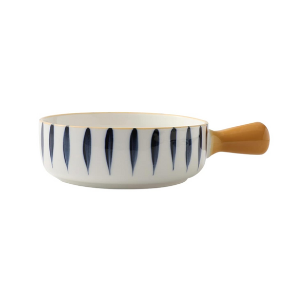 NYRWANA Ceramic Snack Bowl with Handle (700ml) | White & Blue Serving Bowl with Yellow Handle | Microwave, Oven & Dishwasher Safe | Big Multipurpose Bowl for Snacks, Salads, Noodles & Soup