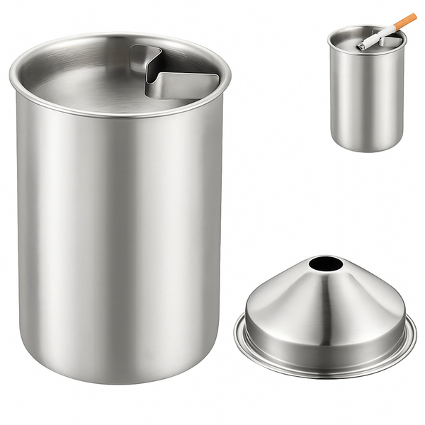 NYRWANA Stainless Steel Windproof Ashtray with Lid | Rustproof, Easy-to-Clean Ash Holder for Smokers | Elegant Indoor Outdoor Ash Tray for Patio, Home, Office, Bar & Garden Use (Silver)