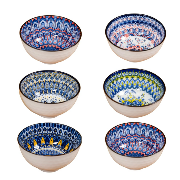 NYRWANA Mandala Ceramic Bowl Set of 6 (300ml Each) | Multicolor Side Bowls for Snacks, Noodles, Ramen, Soups & Curries | Microwave & Dishwasher Safe