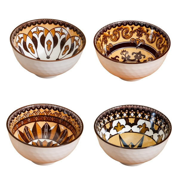 NYRWANA Vintage Ceramic Snack Bowl Set of 4 (300ml Each) | Brown Honeycomb Texture Serving Bowls for Rice, Dal, Snacks, Salad, Fruits & Desserts | Microwave & Dishwasher Safe | Gift Box Packaging