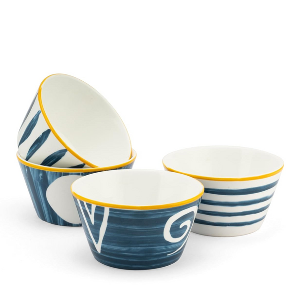 NYRWANA Set of 4 Ceramic Bowls (350ml) | White & Blue Multipurpose Dinner Bowls for Snacks, Rice, Dal, Fruits & Salad | Microwave, Oven & Dishwasher Safe | BPA & Lead-Free | Gift Pack