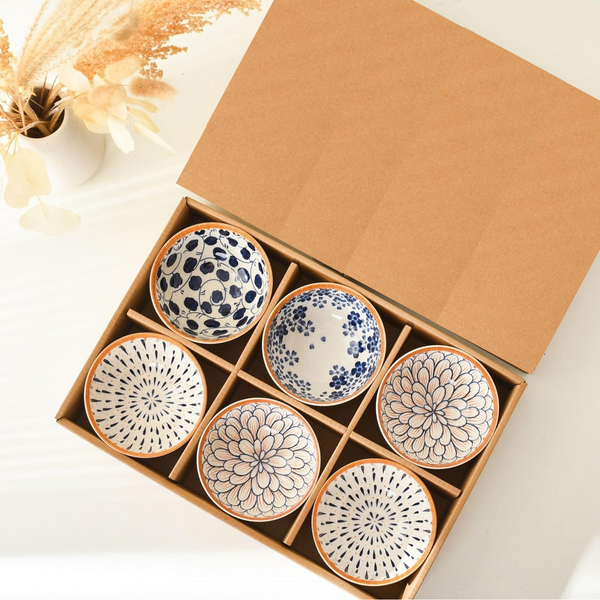 NYRWANA Japanese Style Ceramic Rice Bowl Set of 6 | Blue & White Pattern Dinnerware | Underglazed Porcelain Bowls | Microwave & Dishwasher Safe | Gift Box Packed