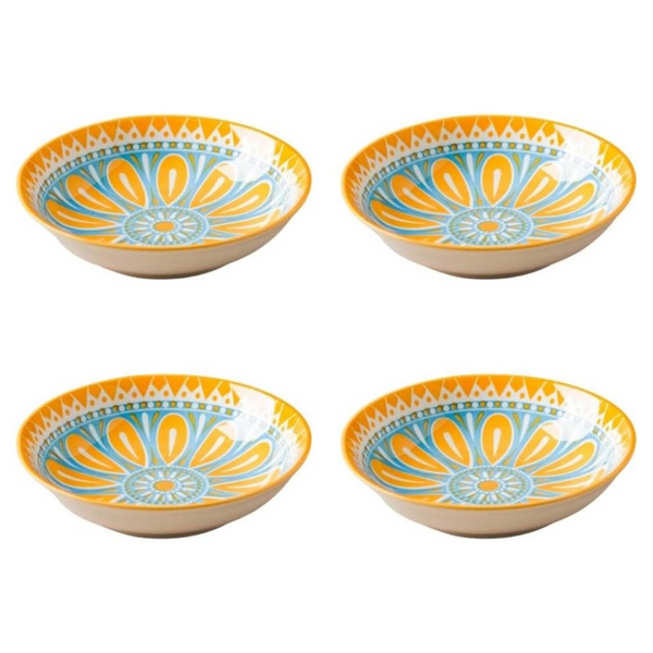 NYRWANA Set of 4 Ceramic Snack Plates (5.5 Inch) | Blue & Orange Floral Mandala Pattern | Round Side Plates for Serving Chaat, Snacks, Desserts, Halwa & Appetizers