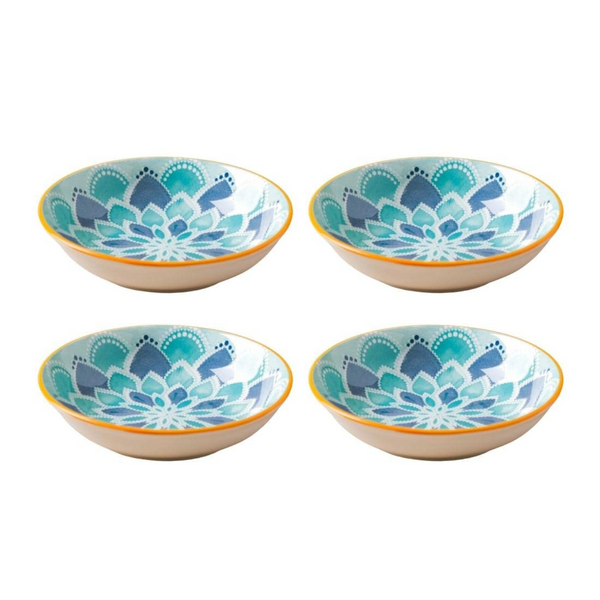 NYRWANA Set of 4 Ceramic Snack Plates (5.5 Inch) | Blue Floral Mandala Pattern | Ideal for Serving Chaat, Snacks, Appetizers, Desserts & More | Round Side Plates for Daily Use & Entertaining