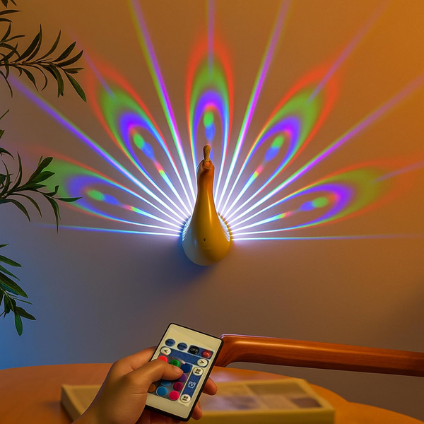 NYRWANA Peacock Wall Lamp LED Night Light | Multi Color Changing Ambient Projection Lamp with Remote Control | USB Rechargeable Decorative LED Mood Light for Bedroom, Living Room, Kids Room Home Décor