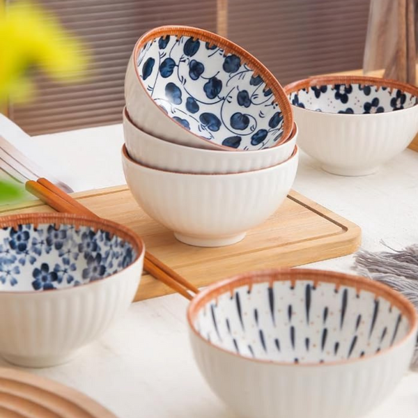 NYRWANA Ceramic Floral Dinner Set | 6-Piece Dinnerware Gift Box (4 Bowls + 2 Plates) | White & Blue Porcelain Ramen Bowl and Plate Set for Soup, Pasta, Salad, Snacks & Daily Use