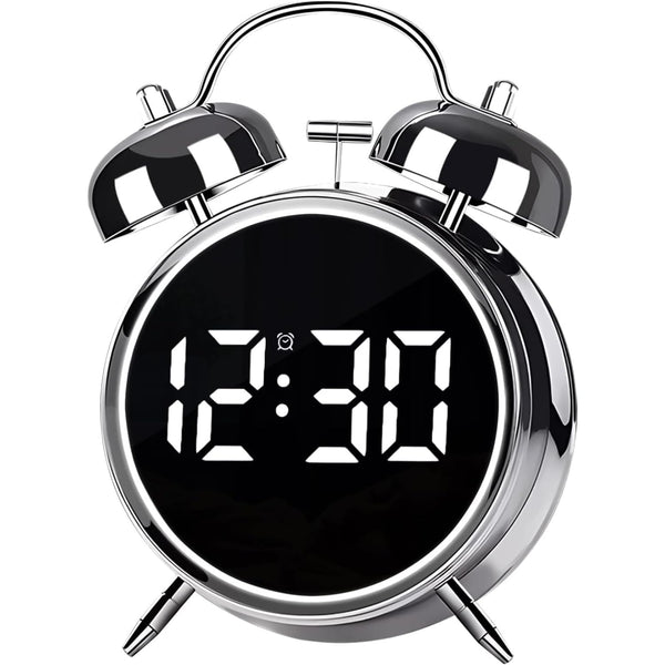 Twin Bell Alarm Clock, LED Display Metal Bedside Clock, USB Plug-in or Battery Operated