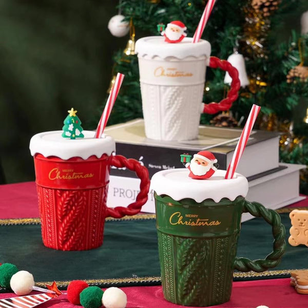 Christmas Tree Mug with Lid & Straw