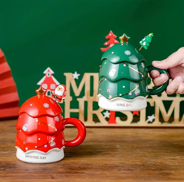 Christmas Tree Mug with Lid & Stirrer