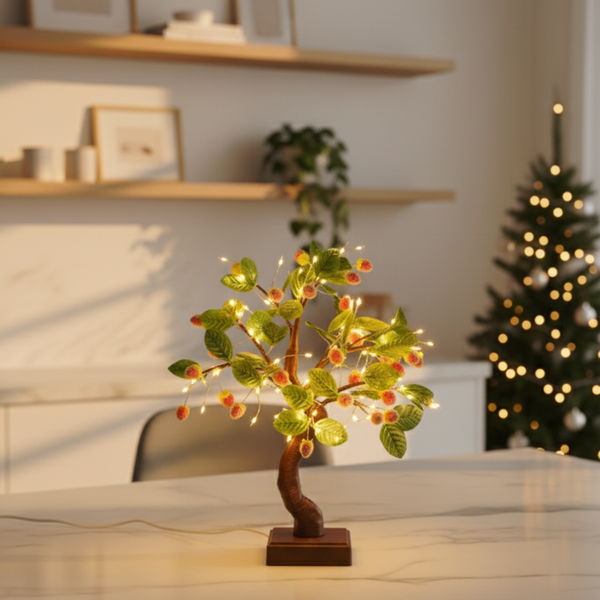 NYRWANA Bonsai LED Desk Tree Lamp with Strawberry Bead Lights | Touch Sensor Table Lamp for Bedroom, Home & Wedding Décor | USB & Battery Powered Night Light Lamp for Indoor Decoration