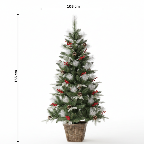 NYRWANA Frosted Pine Cone & Berry Artificial Christmas Tree | 155 cm Potted Snow Xmas Tree for Home, Living Room & Holiday Decoration | Realistic Pine Needles, Easy Assembly