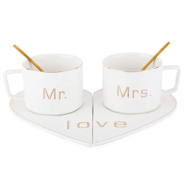 Mr and Mrs Ceramic Heart Shape Mugs with Saucer (White)