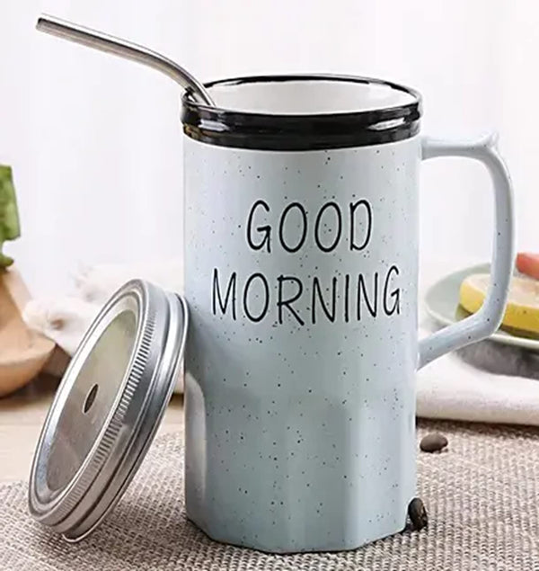 Good Morning  Coffee Mug with Stainless Steel Straw (Blue)