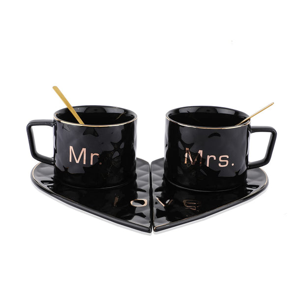 Mr and Mrs Ceramic Heart Shape Mugs with Saucer (Black)