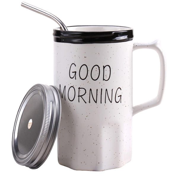 Good Morning  Coffee Mug with Stainless Steel Straw (White)