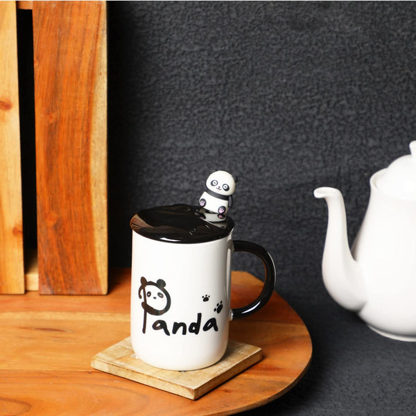 Panda Coffee Mug with Lid & 3D Panda Spoon (Panda) , (Bear Cat),(Who),(Lazy)