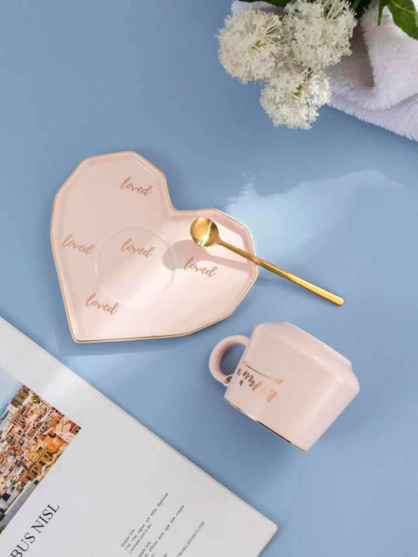 Be Mine Ceramic Coffee Mug with Heart Shape Saucer & Spoon (Pink)