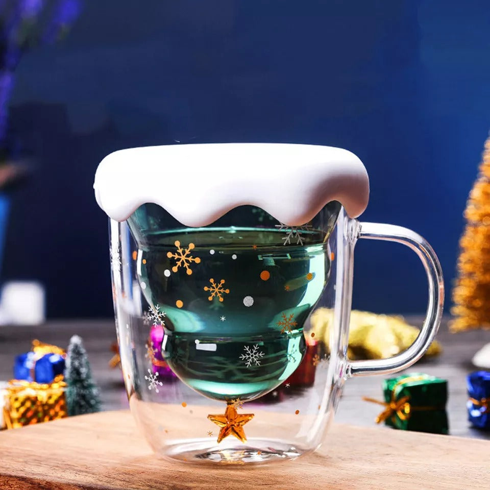 Christmas Tree Double Walled Clear Borosilicate Glass Coffee Mugs Nyrwana